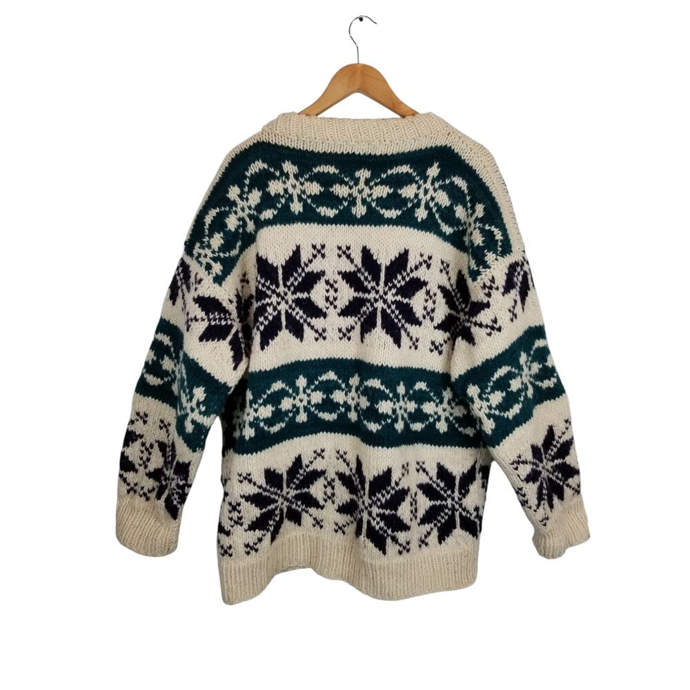Woolies Unisex Hand Knit In Equador Cardigan Sweater Cream Green Navy Blue Large - Picture 2 of 8